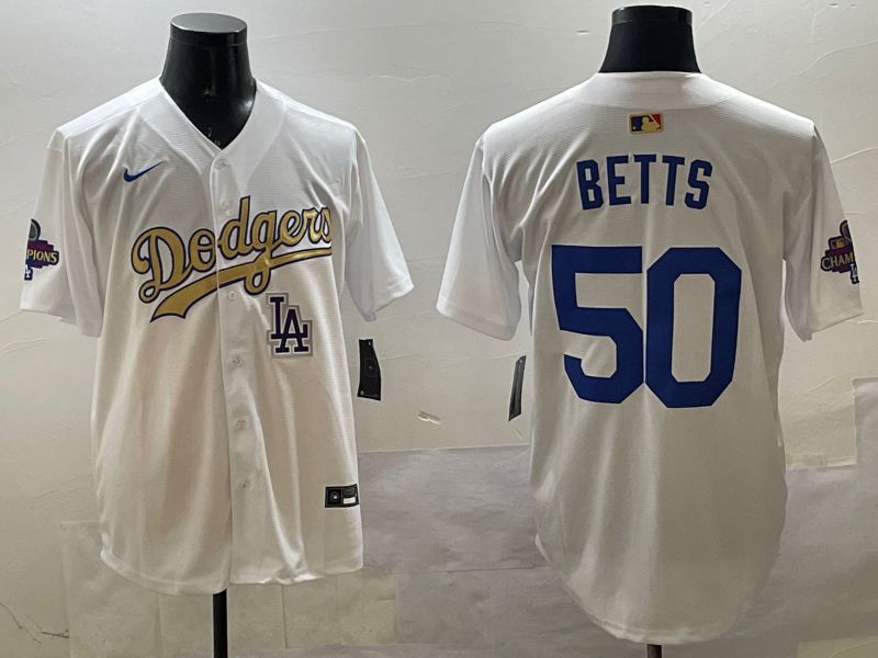 Men Los Angeles Dodgers #50 Betts White Champion gold character 2025 Nike MLB Jersey style 3319->los angeles dodgers->MLB Jersey